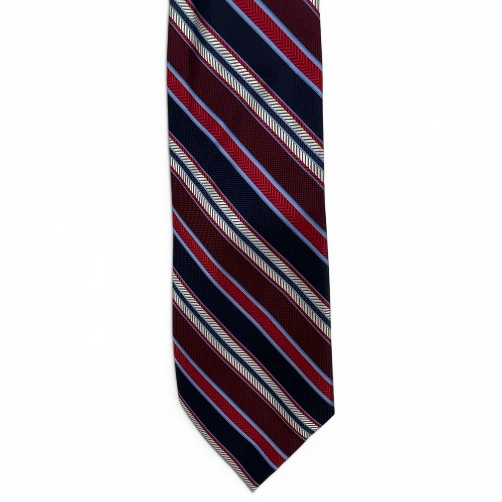 Bachrach Mens Silk Necktie Burgundy Navy Blue Light Blue Striped Hand Made Tie